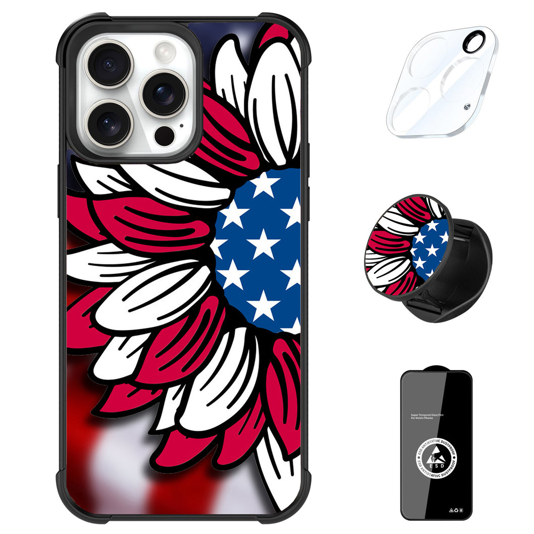 Designed for iPhone 16 Pro Max Case, American Flag Pattern for Girls Women with Stand Kickstand & Screen Protector & Camera Lens Protector-Sunflower