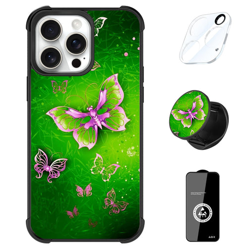 Designed for iPhone 16 Pro Max Case, Cute Colorful Butterfly Pattern for Girls Women with Stand Kickstand & Screen Protector & Camera Lens Protector-Green