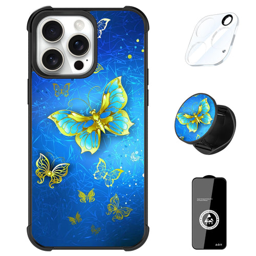 Designed for iPhone 16 Pro Max Case, Cute Colorful Butterfly Pattern for Girls Women with Stand Kickstand & Screen Protector & Camera Lens Protector-Blue