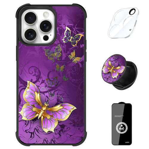 Designed for iPhone 16 Pro Max Case, Cute Colorful Butterfly Pattern for Girls Women with Stand Kickstand & Screen Protector & Camera Lens Protector-Purple