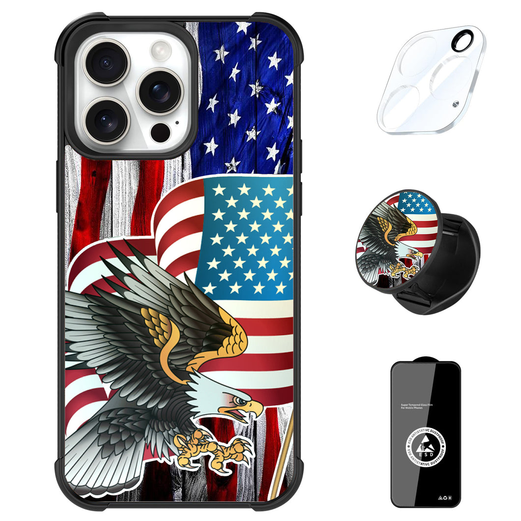 Designed for iPhone 16 Pro Max Case, American Flag Pattern for Girls Women with Stand Kickstand & Screen Protector & Camera Lens Protector-Eagle