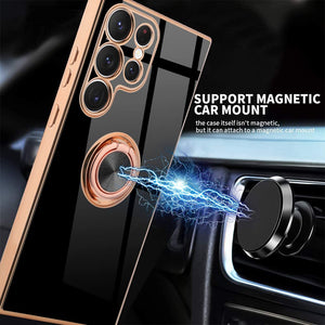 Design for Samsung Galaxy S23 Ultra 5G Case, Slim Flexible Plating Protective Cover Built-in Phone Ring Holder Kickstand with Magnetic Car Mount Feature for Galaxy S23 Ultra (Black)