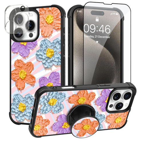 Designed for iPhone 16 Pro Max Case, Cute Colorful Fresh Oil Painting Printed Flowers Glossy Pattern for Girls Women with Stand Kickstand & Screen Protector & Camera Lens Protector