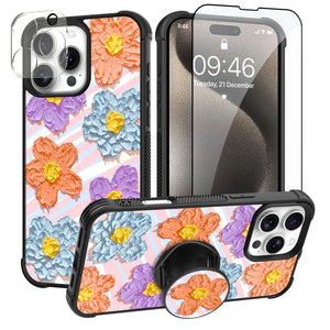 Designed for iPhone 16 Pro Max Case, Cute Colorful Fresh Oil Painting Printed Flowers Glossy Pattern for Girls Women with Stand Kickstand & Screen Protector & Camera Lens Protector