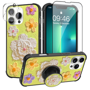 Designed for iPhone 16 Pro Max Case, Cute Colorful Fresh Oil Painting Printed Flowers Glossy Pattern for Girls Women with Stand Kickstand & Screen Protector & Camera Lens Protector - Green