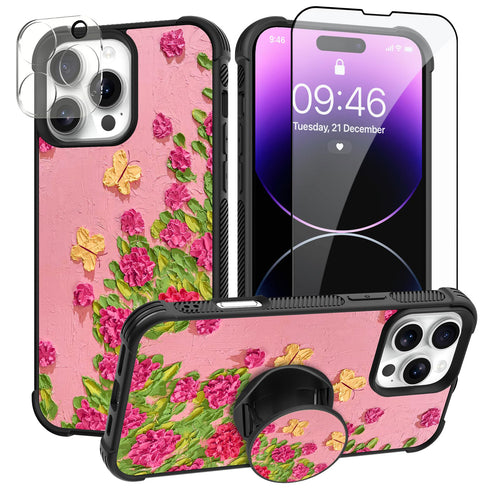 Designed for iPhone 16 Pro Max Case, Cute Colorful Fresh Oil Painting Printed Flowers Glossy Pattern for Girls Women with Stand Kickstand & Screen Protector & Camera Lens Protector - Pink