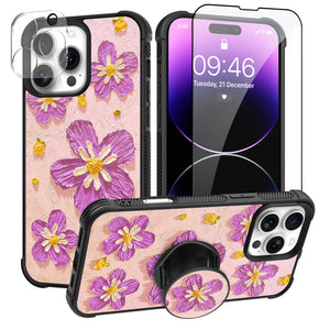 Designed for iPhone 16 Pro Max Case, Cute Colorful Fresh Oil Painting Printed Flowers Glossy Pattern for Girls Women with Stand Kickstand & Screen Protector & Camera Lens Protector - Purple