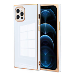 iPhone 13 Pro Max Case Cute Square Case Rose Gold Plating - White