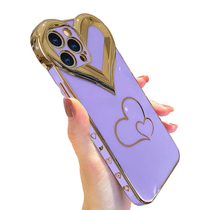 iPhone 13 Pro Max Case Cute 3D Love Heart Gold Plating for Women Girls-Purple
