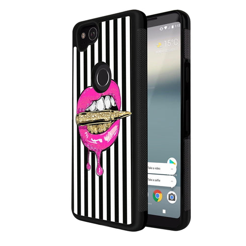 Phone Case Compatible with Google Pixel 2 Pink Lips in Bullet Luxury Elegant Square Protective Metal Decoration Corner