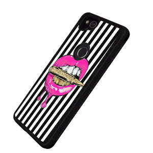 Phone Case Compatible with Google Pixel 2 Pink Lips in Bullet Luxury Elegant Square Protective Metal Decoration Corner