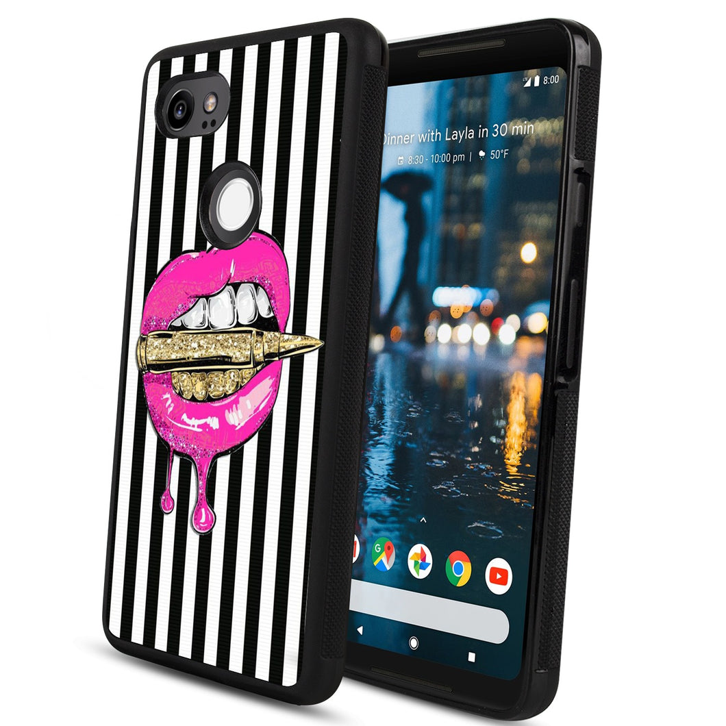 Phone Case Compatible with Google Pixel 2 XL Pink Lips in Bullet Luxury Elegant Square Protective Metal Decoration Corner