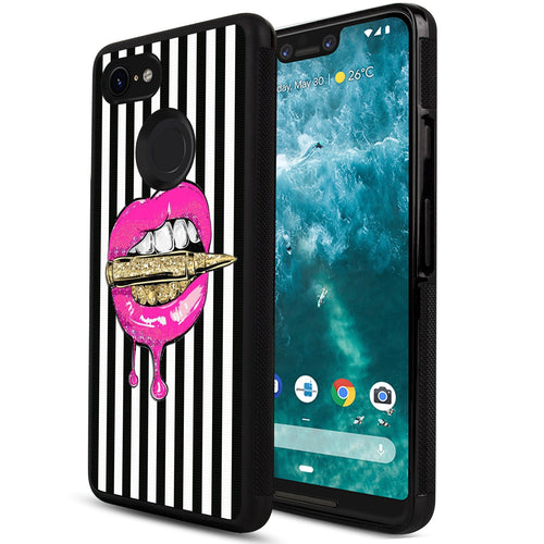 Phone Case Compatible with Google Pixel 3 Xl Pink Lips in Bullet Luxury Elegant Square Protective Metal Decoration Corner