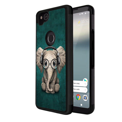 Phone Case Compatible with Google Pixel 2 Music Headset Little Elephant Luxury Elegant Square Protective Metal Decoration Corner