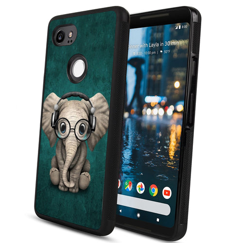 Phone Case Compatible with Google Pixel 2 XL Music Headset Little Elephant Luxury Elegant Square Protective Metal Decoration Corner