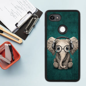 Phone Case Compatible with Google Pixel 2 XL Music Headset Little Elephant Luxury Elegant Square Protective Metal Decoration Corner