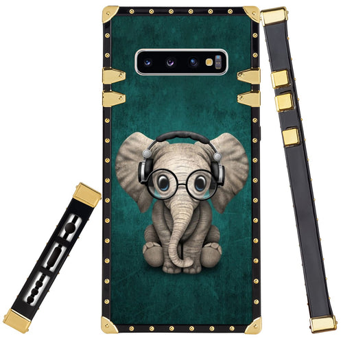 Phone Case Compatible with Samsung Galaxy S10+ Music Headset Little Elephant Luxury Elegant Square Protective Metal Decoration Corner
