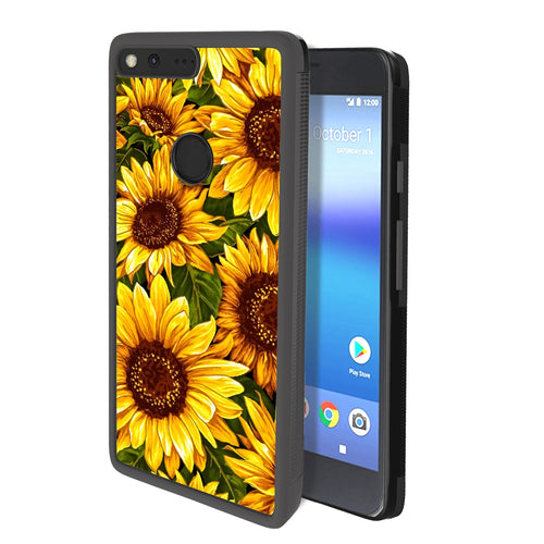 Phone Case Compatible with Google Pixel XL Sunflower Oil Painting Luxury Elegant Square Protective Metal Decoration Corner