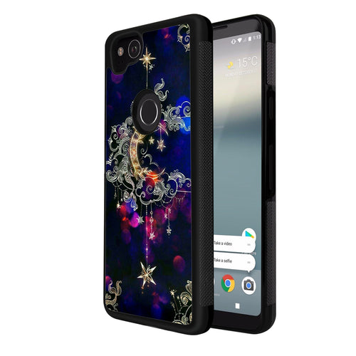 Phone Case Compatible with Google Pixel 2 Moon Star Luxury Elegant Square Protective Metal Decoration Corner