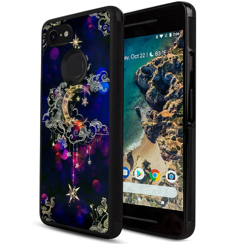 Phone Case Compatible with Google Pixel 3 Moon Star Luxury Elegant Square Protective Metal Decoration Corner