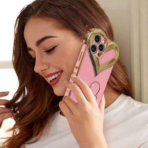 iPhone 13 Pro Max Case Cute 3D Love Heart Gold Plating for Women Girls - Pink