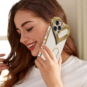 iPhone 13 Pro Max Case Cute 3D Love Heart Gold Plating for Women Girls - White