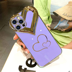iPhone 13 Pro Max Case Cute 3D Love Heart Gold Plating for Women Girls-Purple