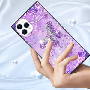 iPhone 14 13 12 11 Pro Max X XR XS Max Square Mobile Phone Case with Purple Diamond Butterfly TPU Edge Full Body Protection Reinforced Corners Case