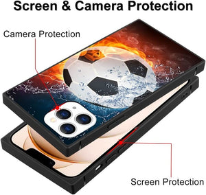 iPhone 14 13 12 11 Pro Max X XR XS Max Square Mobile Phone Case with Football TPU Edge Full Body Protection Reinforced Corners Case