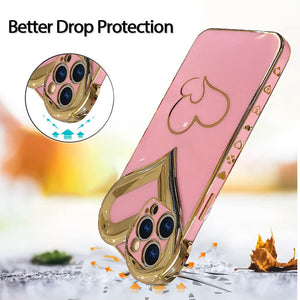 iPhone 13 Pro Max Case Cute 3D Love Heart Gold Plating for Women Girls - Pink
