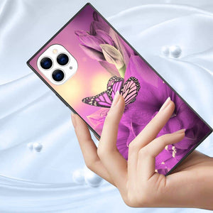 iPhone 14 13 12 11 Pro Max X XR XS Max Square Mobile Phone Case with Pink butterfly TPU Edge Full Body Protection Reinforced Corners Case