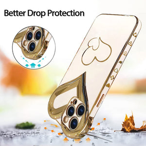 iPhone 13 Pro Max Case Cute 3D Love Heart Gold Plating for Women Girls - White