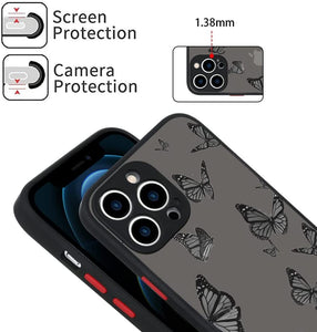 iPhone 12 Pro Max Black Butterfly Case for Women Girls with Screen Protector Protective Translucent Matte Soft TPU Bumper Cute Animal Print Design Hard PC Back Clear Phone Cover-Black 6.7"