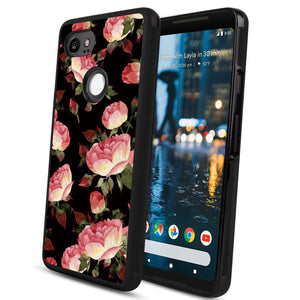 Phone Case Compatible with Google Pixel 2 XL Red Flower Luxury Elegant Square Protective Metal Decoration Corner