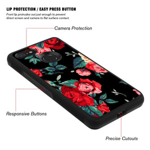 Phone Case Compatible with Google Pixel 3 Xl Red Flower Luxury Elegant Square Protective Metal Decoration Corner