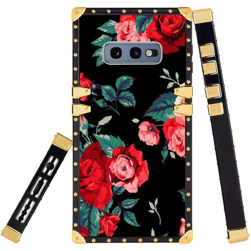Phone Case Compatible with Samsung Galaxy S10e Red Flower Luxury Elegant Square Protective Metal Decoration Corner