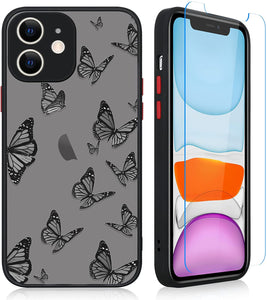 iPhone 12 Pro Black Butterfly Case for Women Girls with Screen Protector Protective Translucent Matte Soft TPU Bumper Cute Animal Print Pattern Design Back Clear Phone Cover for iPhone 12 Pro 6.1