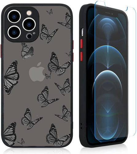 iPhone 12 Pro Max Black Butterfly Case for Women Girls with Screen Protector Protective Translucent Matte Soft TPU Bumper Cute Animal Print Design Hard PC Back Clear Phone Cover-Black 6.7