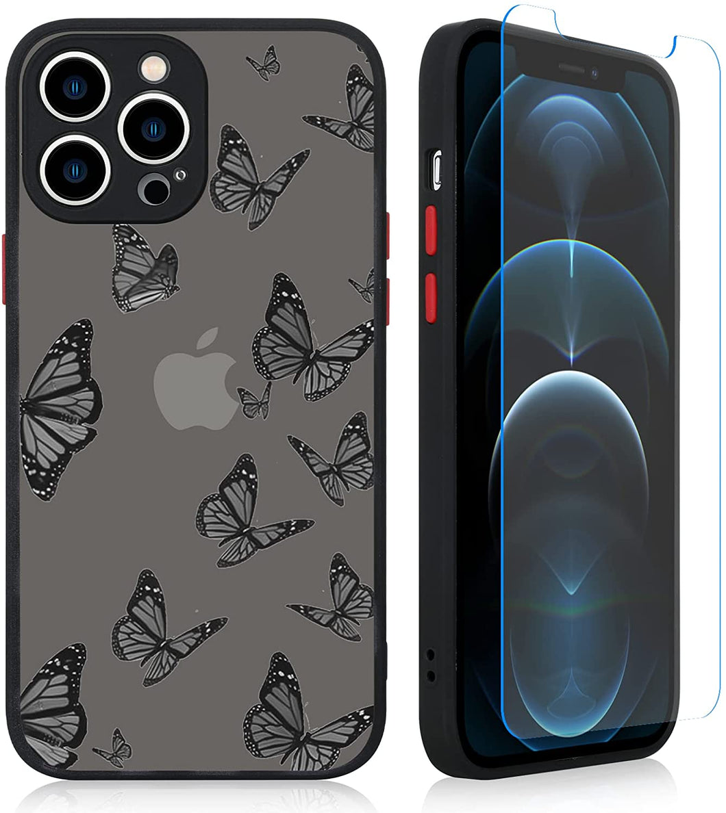 iPhone 12 Pro Max Black Butterfly Case for Women Girls with Screen Protector Protective Translucent Matte Soft TPU Bumper Cute Animal Print Design Hard PC Back Clear Phone Cover-Black 6.7