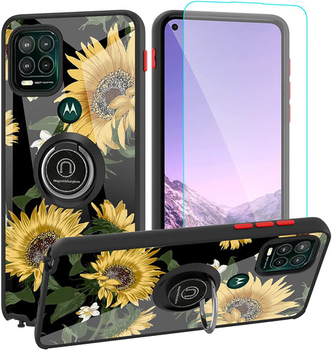 Motorola Moto G Stylus 5G Case Sunflower Flower Floral Design with Ring Grip Holder Stand 360 Degree Kickstand Screen Protector (Work with Magnetic Car Mount) Women Girls Protective Cover Bumper-Black