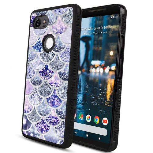 Phone Case Compatible with Google Pixel 2 XL Purple Bling Mermaid Fish Scale Luxury Elegant Square Protective Metal Decoration Corner