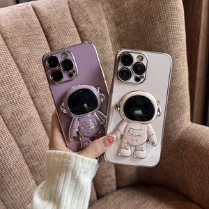 Electroplated astronaut folding stand case For iphone 11 12 13 14 Pro Max x xr xs max 7 8plus Glass Camera protector film cover