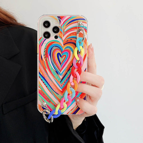 Colorful Heart Soft Phone Case For iPhone 12 Pro XS Max 7 8 Plus XR X Bracelet Chain Cover Case for iPhone 11 13 Pro Max funda