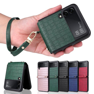 Pu Leather hand Strap Anti-fall Phone Case for Samsung Galaxy Z Flip 4 3 5G SM-F711B Protection Back Cover with Lanyard