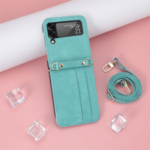 Lanyard Integrated Shockproof Card Slot Leather Case for Samsung Galaxy Z Flip 3 4 Flip3 5G Anti-Scratch Protective Phone Cover