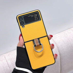 Z Flip 4 3 Funda Case for Samsung Galaxy Z Flip 4 3 Metal Ring Yellow PU Leather Coque Shock proof Protection Phone Case Cover Capa