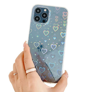 Women Girls Clear Laser Heart Holographic Phone Case Glitter Cute Shockproof Cover for iPhone 14 13 12 11 Pro XR Xs Max 8P