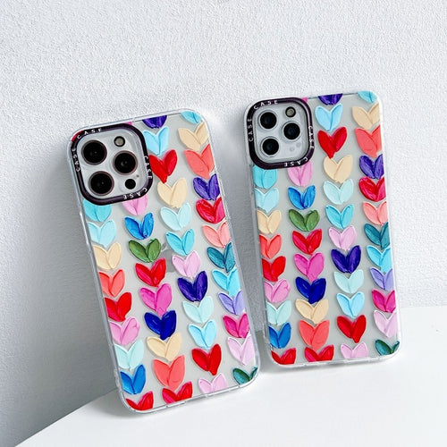 Cartoon Colored Love Heart Phone Case For iPhone 11 12 Pro Max XS Max X XR 7 8 Plus SE 2020 Oil Painting Soft Bumper Back Cover