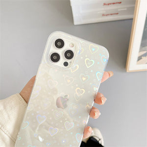 Women Girls Clear Laser Heart Holographic Phone Case Glitter Cute Shockproof Cover for iPhone 14 13 12 11 Pro XR Xs Max 8P