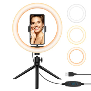 New Selfie Ring Light, 10” Ring Light with Tripod Stand & Cell Phone Holder for Live Stream, Makeup, Dimmable Desktop LED Circle